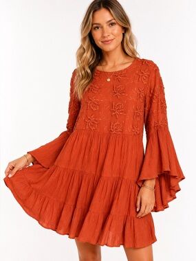 Gigio Boho Embroidered Mini Dress Orange Medium Cottagecore Anthro inspired